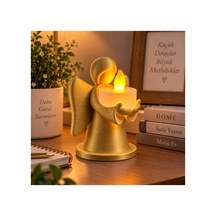 Dekoratif Melek Mumluk Led Pilli Mum Hediyeli 3d Baskı Masa Ve Ev Dekoru 10x8 Cm - Gold Açık