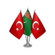 Masa Üstü Türkmenistan Bayrağı Türk Bayrağı Üçlü Krom Direk Masa