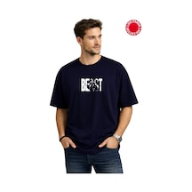 Beast Baskılı Lacivert Oversize Tişört - %100 Pamuk Lacivert