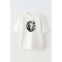 Thewert Unisex Lion Face Silhouette Aslan Tasarım Baskılı Pamuk Beyaz Oversize T-shirt