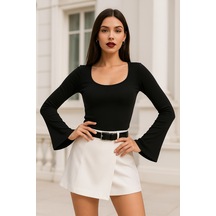 Rich Kadın Siyah Soft Touch Fitilli Çan Kollu Bluz Siyah