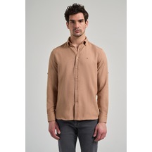 İmza Camel Kısalabilir Kol Düz Gabardin Düğmeli Yaka Cepsiz Casual Slim Fit Gömlek 1004250124 595 Camel