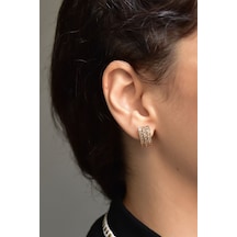 Rose Kaplama Üç Sıra Taşlı Dikdörtgen Kadın Küpe Rose Gold