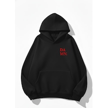 Uyguntarz Unisex Yumuşak Dokulu Damn. Baskılı Tasarım Oversize 3 İplik Hoodie Sweatshirt siyah