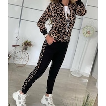 De'charme Kadın Uzun Kollu Önden Fermuarlı Leopar Desen Detaylı Viskon Iki Iplik Kumaş Ikili Takım