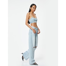 Koton Geniş Paça Yırtık Kot Pantolon Standart Bel Düğmeli - Bianca Wide Leg Jean Açık İndigo 4sal40472md Açık İndigo