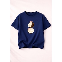 Herkesemoda Coconat Baskı Detaylı Kadın Bisiklet Yaka Pamuklu T-shirt Lacivert
