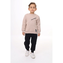 Toontoy Kids Toontoy Erkek Çocuk 2'li Takım Baskılı Bisiklet Yaka Asimetrik Sweatshirt & Beli Paçası Lastikli Cepli Jogger Eşofman Altı - Renk Bloklu & 3 İplik Şardonlu Bej