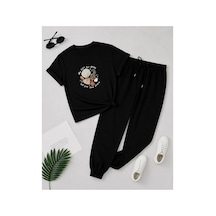 Herkesemoda Deniz Kabukları Baskı Detaylı T-shirt Eşofman Takımı Siyah