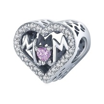 Nur Silver 'mom' Yazılı Pembe Taşlı Kalp Gümüş Charm Nur-bl00330