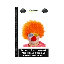 Turuncu Renk Kıvırcık Afro Bonus Peruk Ve Kırmızı Burun Seti Eğlence Peruğu