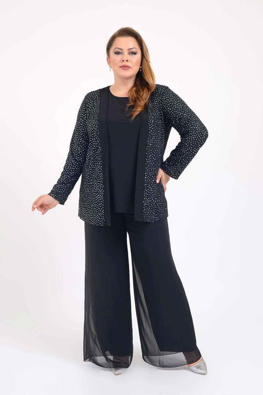 Lilas Xxl Büyük Beden Gümüş Renkli İkili Takım Abiye Bluz Gümüş