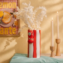 Deco Çizgili Çilek Vazo - Kırmızı - 23x11 Cm Çok Renkli