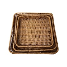 3 Lü Rattan Tepsi Dekoratif Tepsi Hasır Örme Tepsi Kare Krem