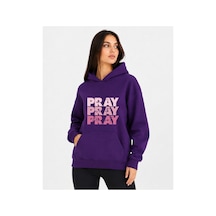 Herkesemoda Pray Baskılı Kapüşonlu 2 İplik Şardonlu Sweatshirt Mor
