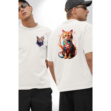 Renkli Yağlı Boya Kedi Beyaz Oversize Unisex Ön Ve Sırt Baskılı Tişört Beyaz