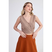 Vitrin Sıfır Kol V Yaka Crop Modal Bluz VİZON