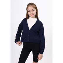 Toontoy Kız Çocuk V Yaka Düğmeli Düşük Omuz Örme Okul Hırkası - 2 İplik Lacivert