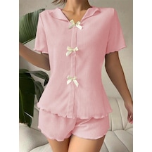 Bella Notte V Yaka Toz Pembe Pamuklu Fiyonk Detaylı Pijama Takımı