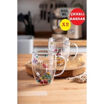 2'li Çift Cidarlı Çiçekli Bardak Kahve Çay Bardağı Flower Cup 350ml El Yapımı Kulplu Cam Bardak Set
