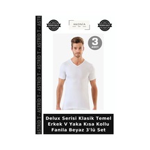 Astrid T Delux Serisi Klasik Temel Erkek V Yaka Kısa Kollu Fanila Beyaz 3'lü Set
