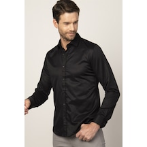 Tudors Slim Fit Dar Kesim Armürlü Erkek Gömlek-25756 Siyah