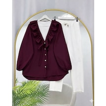 Lovie Moda Yakası Fırfır Detaylı Düğmeli Pantolonlu Takım Bordo