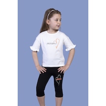 Toontoy Kids Toontoy Kız Çocuk Düşük Kol Büzgü Detaylı Baskılı Taytlı Takım Ekru