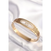 Ezoconcept 316l Çelik Gold Renk Zirkon Taşlı Kadın Kelepçe Bilezik