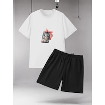 Uyguntarz Unisex Minnoş Tasarım Basklı Tshirt Şort Takımı Beyaz