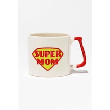 Super Mom Anneler Günü Baskılı Kırmızı Kulplu Modern Seramik Kupa Kırmızı