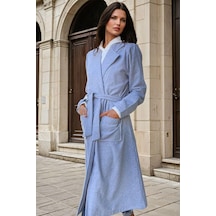 Gri Şal Yaka, Cepli, Kuşak Detaylı, Astarsız, Uzun Kaban Gri