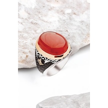 ​​Gümüş Özel Kesim Kapşon Akik Taşlı Osmanlı Tuğralı Erkek Yüzük -5568