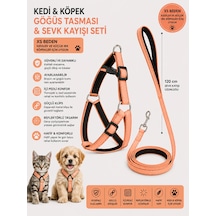 İçi Pedli Reflektörlü Kedi Ve Köpek Göğüs Tasması Sevk Kayışı Seti Xs Beden 120 Cm - Somon Çok Renkli