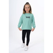 Toontoy Kids Toontoy Kız Çocuk 2'li Takım Baskılı Bisiklet Yaka Sweatshirt & Basic Düz Tayt Yeşil