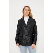 M M Marki Marki Kadın Hakiki Deri Blazer Ceket - Siyah, Düğme Kapamalı, Fit Kesim, 67 Cm - 116722