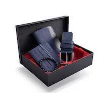 Tisaati Premium Şık Tasarım Lüks Özel Seri Dikey Ekose Desenli Cüzdan Kemer Bileklik Ve Kartlık Hediye Seti Lacivert