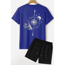 Uyguntarz Rahat Tasarım Pusula Şort T-shirt Eşofman Takımı Mavi