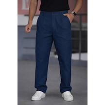 Bürke Çift Pileli Lacivert Renk Beli Yarım Lastikli Kaliteli Rahat Kesim Keten Baggy Pantolon