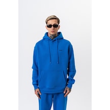 Erkek Respire Yazı Detaylı Kapüşonlu Basic Oversize Hoodie Mavi