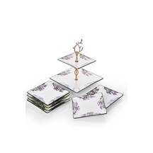 Piatti Naturali İkram Seti Lavanta Çift Katlı Sunum Tabağı & 6 Lı Tatlı Tabağı