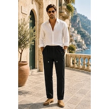 Danger Erkek Pamuk Viskon Kumaş Keten Görünümlü Siyah Slim Fit Pantolon - 216dngr