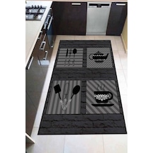 Füme Kaymaz Tabanlı Çaydanlık Desenli Mutfak Halısı Ar818n11