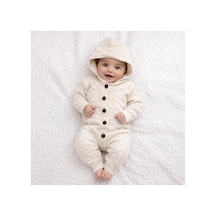 Babysena Kapüşonlu Örgü Kız Bebek Tulum Ekru