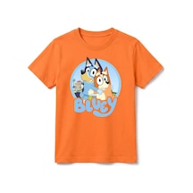 Urbantrendstore Bluey Baskılı Premium Bisiklet Yaka Pamuklu Kısa Kollu Çocuk Ve Genç Tişört Turuncu