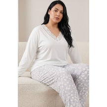 Siyah İnci Pamuklu Likralı Büyük Beden Battal Boy Örme Pijama Takım 26240931 Beyaz