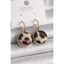 Pirinç Gold Renk Leopar Desenli Daire Model Kadın Küpe - Tj-bkp9878 Altın