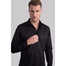 Tudors Slim Fit Dar Kesim Likralı Düz Saten Erkek Gömlek-19940 Siyah