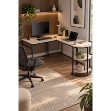 Sulorahome Tipi Köşe Çalışma Masası 2 Raflı Metal İskeletli Kahverengi Mermer