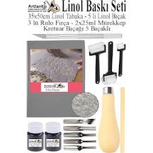 Linol Baskı Seti 1 Paket 35x50 Cm Linolyum Tabaka Gri Kretuar Linol Oyma Seti 5 Bıçaklı Rulo Fırça Mürekkep Linol Baskı